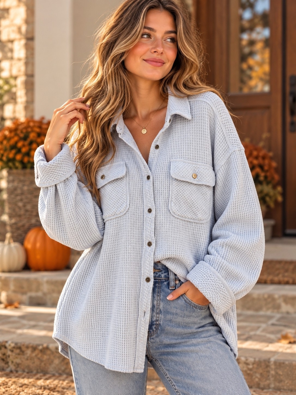 Aerie LumberJane Waffle Shirt XS Eyelet Blue Oversized Button Down Shacket